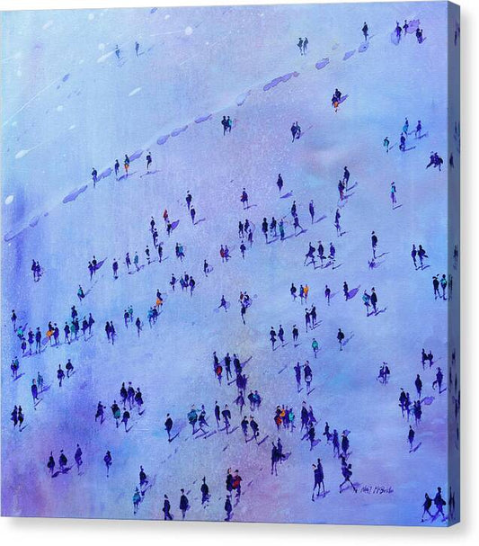 A beautiful canvas artwork inspired by the music of Prince. This purple coloured canvas features a crowd of people walking in the rain. © Neil Mcbride 2024