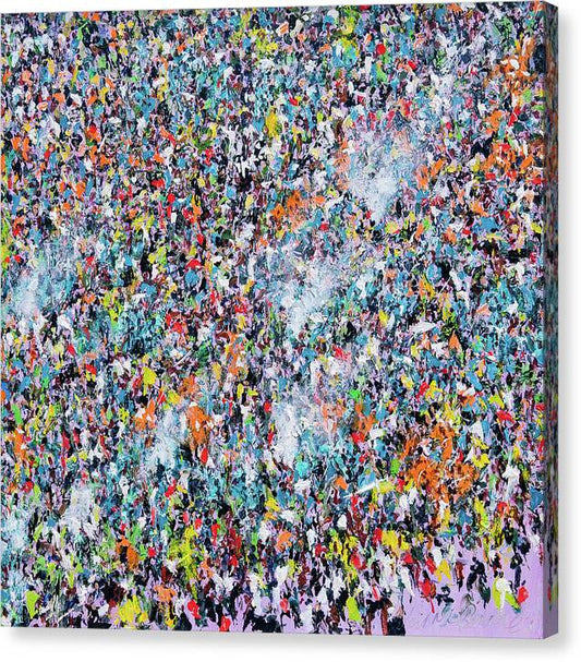 Camping Out s a semi-abstract wall art print on canvas featuring a crowd of happy campers in a smoke filled campsite full of colour and life. From the studio of Neil McBride art.