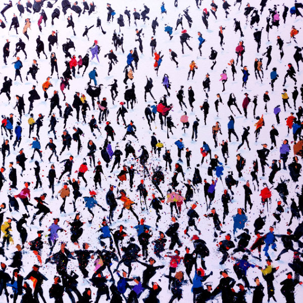 This is Crackers. An original painting of a colourful party crowd of people on a deep edge canvas by British artist Neil McBride