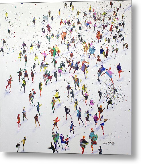 Print on meta titled We Came Here to Dance featuring a crowd of colourful people on a white ground.