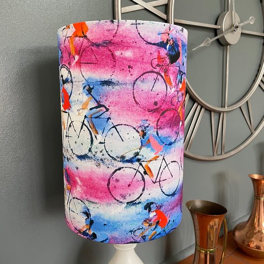 Unusual table lamp shades made in the UK. Cycling themed.